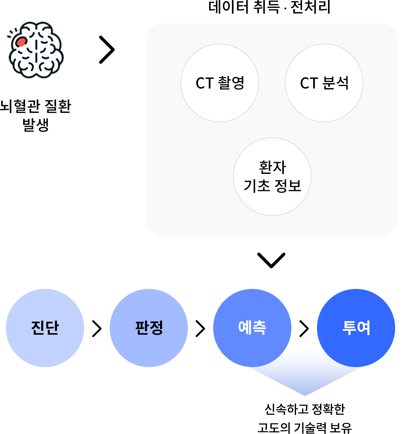 뇌혈관질환 발생 > 데이터 취득, 전처리(CT 촬영, CT 분석, 환자 기초 정보) > 진단 > 판정 > 예측 > 투여